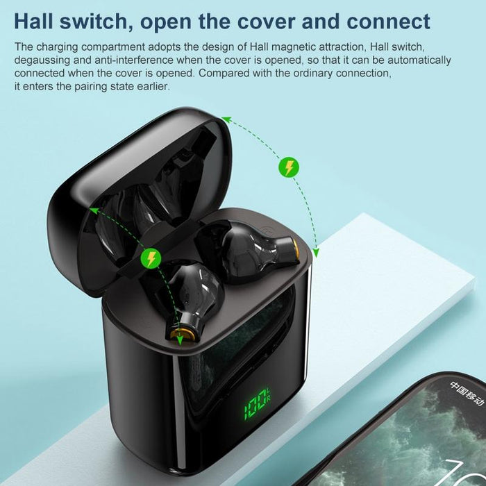 F730 Tws Ipx4 Waterproof Digital Display Half In-Ear Bluetooth Earphone Black