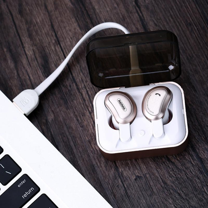 Tws-1 Half Moon Shaped 4.2 Wireless Bluetooth 5.0 Earphone With Charging Box Gold