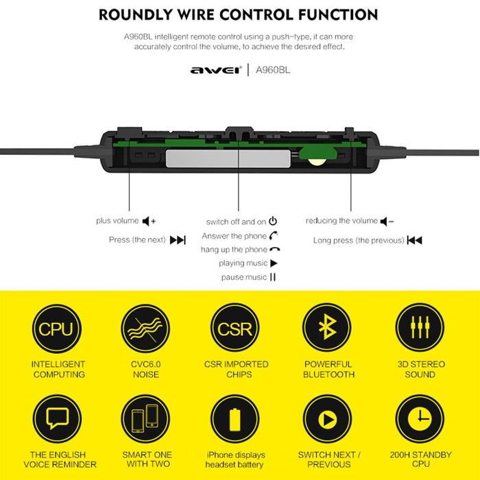 A960Bl Wireless Sport Bluetooth Earphone With Wire Control