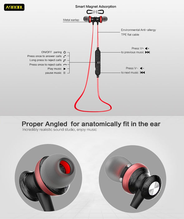 A980Bl Wireless Sport Magnetic Bluetooth Earphone With Wire Control