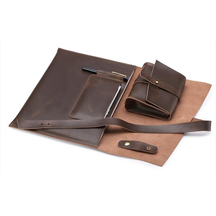 Versatile Leather Laptop Bag With Cable Winder - Fits 12 Macbook Samsung Sony Dell Alienware Chuwi Asus Hp - Coffee