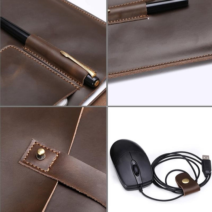 Versatile Leather Laptop Bag With Cable Winder - Fits 12 Macbook Samsung Sony Dell Alienware Chuwi Asus Hp - Coffee