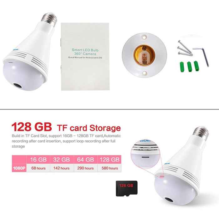 2Mp Hd 1080P 360 Degree Panoramic Bluetooth Speaker Bulb Ip Camera E27 Wifi Motion Detection White