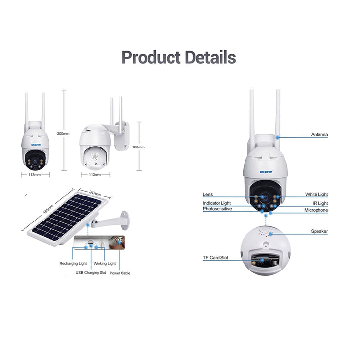 1080P Ip66 Waterproof Wifi Ip Camera With Solar Panel & Battery Support Night Vision & Motion Detection & Two Way Audio & Tf Card & Ptz Control