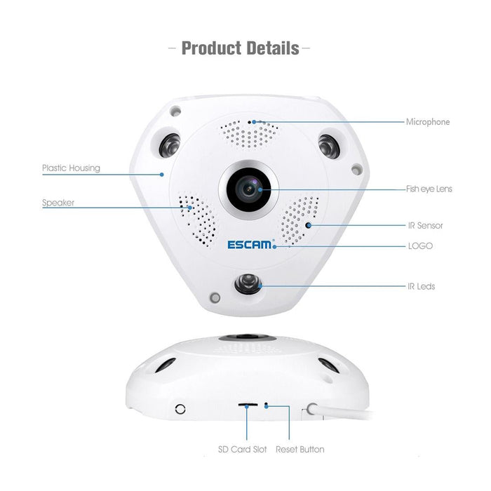 Shark 960P 360 Degrees Fisheye Lens 1.3Mp Wifi Ip Camera Support Motion Detection / Night Vision- Ir Distance 10M