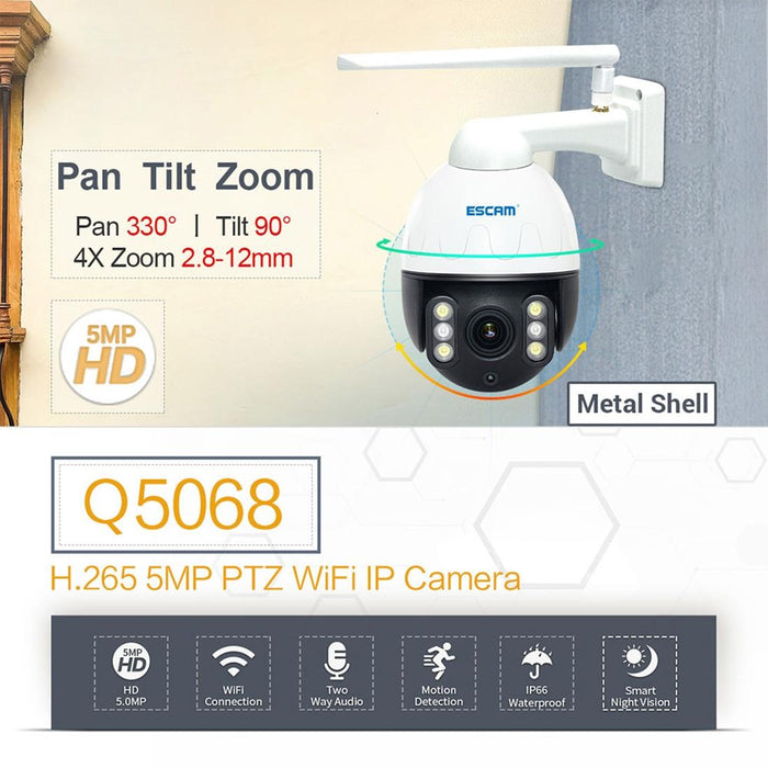 Q5068 H.265 5Mp Pan / Tilt / 4X Zoom Wifi Waterproof Ip Camera Support Two Way Talk & Night Vision