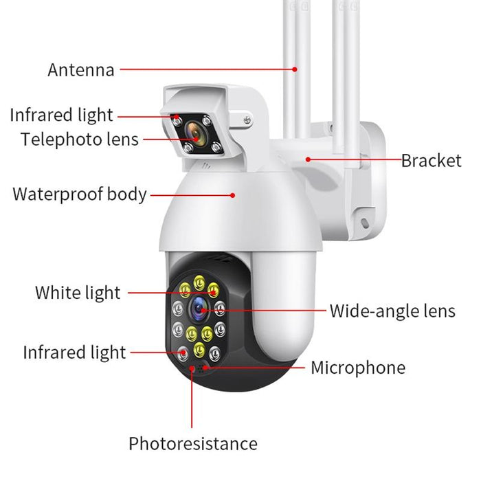 1080P 2.0Mp Dual Lens Ip66 Waterproof Panoramic Ptz Wifi Camera Support Day And Night Full Colour & Two-Way Voice Intercom & Smart Alarm & Video Playback & 128Gb Tf Card