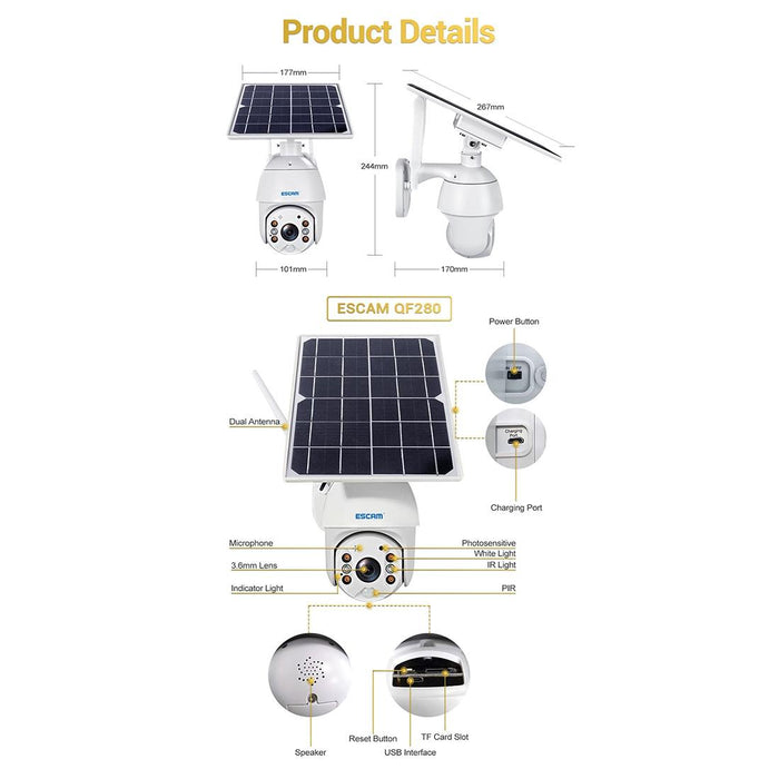 Hd 1080P Ip66 Waterproof Wifi Solar Panel Pt Ip Camera Without Battery Support Night Vision / Motion Detection / Tf Card / Two Way Audio White