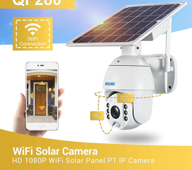 Hd 1080P Ip66 Waterproof Wifi Solar Panel Pt Ip Camera Without Battery Support Night Vision / Motion Detection / Tf Card / Two Way Audio White