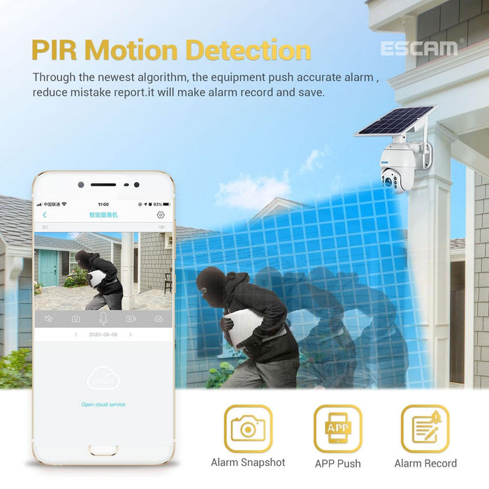 Hd 1080P Ip66 Waterproof Wifi Solar Panel Pt Ip Camera Without Battery Support Night Vision / Motion Detection / Tf Card / Two Way Audio White