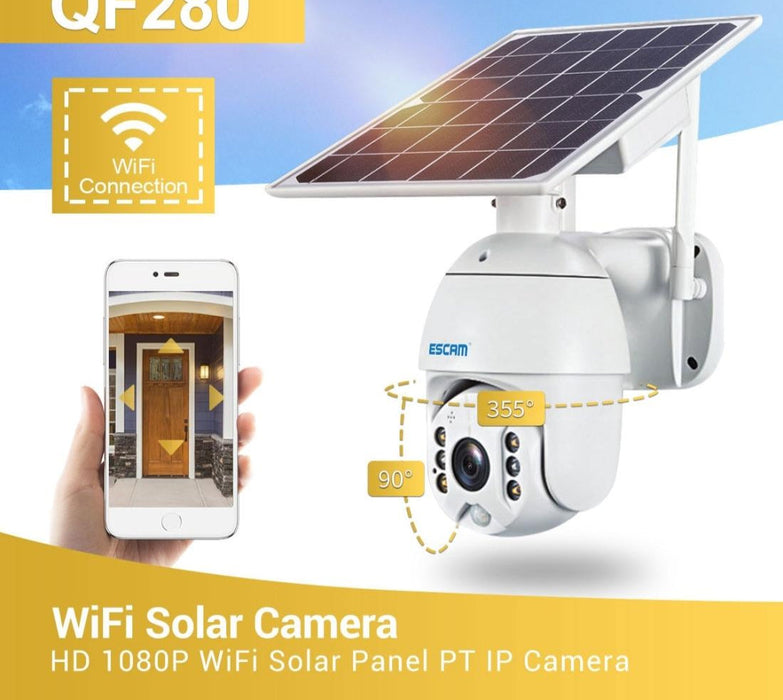 Hd 1080P Ip66 Waterproof Wifi Solar Panel Pt Ip Camera With Battery Support Night Vision / Motion Detection / Tf Card / Two Way Audio White