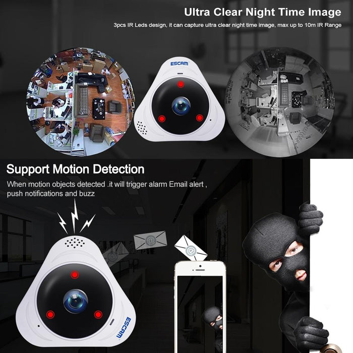 Q8 960P 360 Degrees Fisheye Lens 1.3Mp Wifi Ip Camera Support Motion Detection / Night Vision- Ir Distance 5-10M