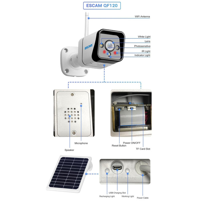 1080P Ip66 Waterproof Wifi Ip Camera With Solar Panel Support Night Vision & Motion Detection & Two Way Audio & Tf Card