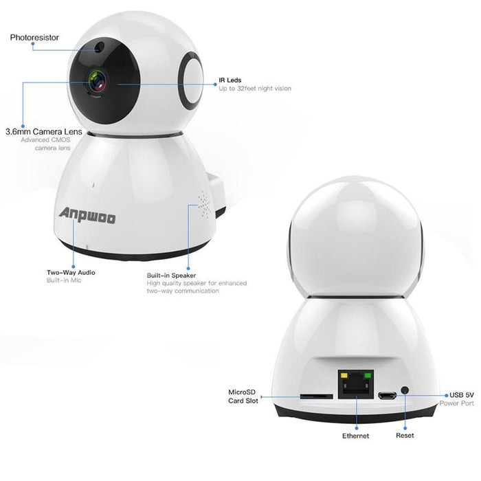 1080P Hd Wifi Ip Camera Support Motion Detection & Infrared Night Vision & Tf Card Max 64Gb White