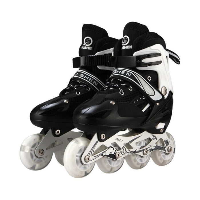 Adjustable Full Flash Children Single Four-Wheel Roller Skating Shoes Set Black - Size S