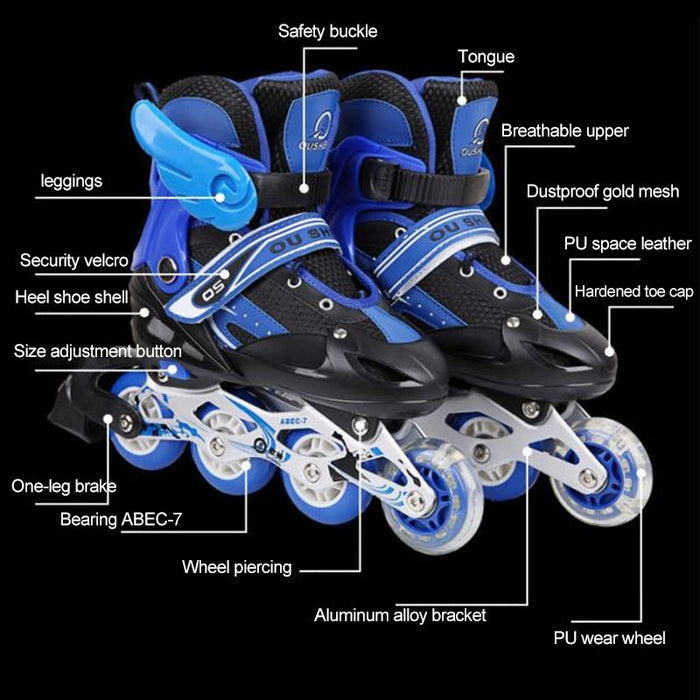 Adjustable Full Flash Children Single Four-Wheel Roller Skating Shoes Set Black - Size S