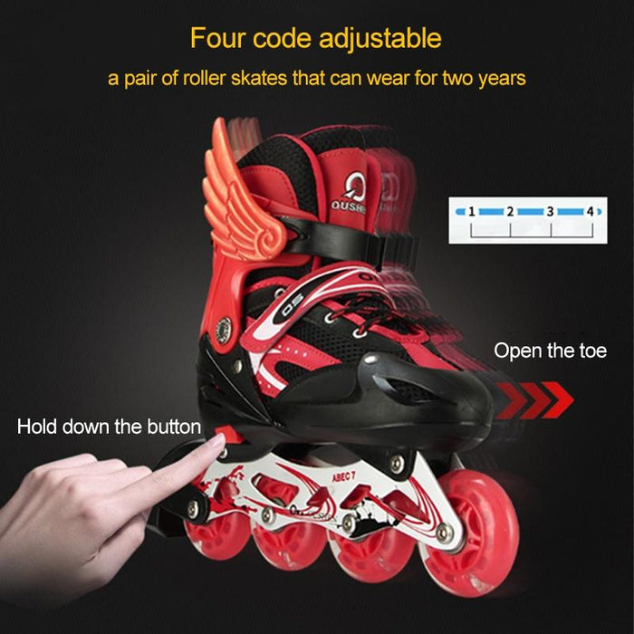 Adjustable Full Flash Children Single Four-Wheel Roller Skating Shoes Set Black - Size S