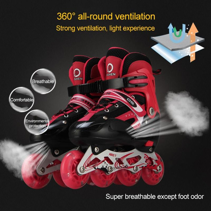 Adjustable Full Flash Children Single Four-Wheel Roller Skating Shoes Set Black - Size S