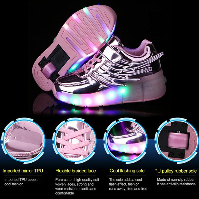 Led Light Single Wheel Wing Roller Skating Sport Shoes - Size 33