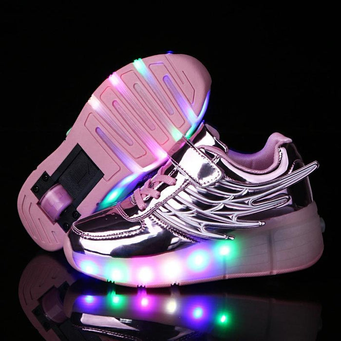 Led Light Single Wheel Wing Roller Skating Sport Shoes - Size 34