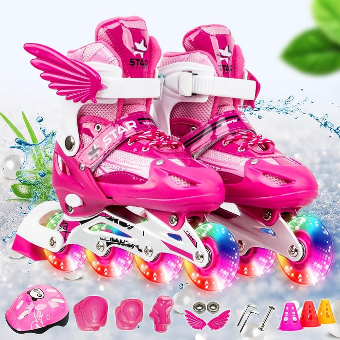 Adjustable Children Full Flash Single Four-Wheel Roller Skating Shoes Set - Size S