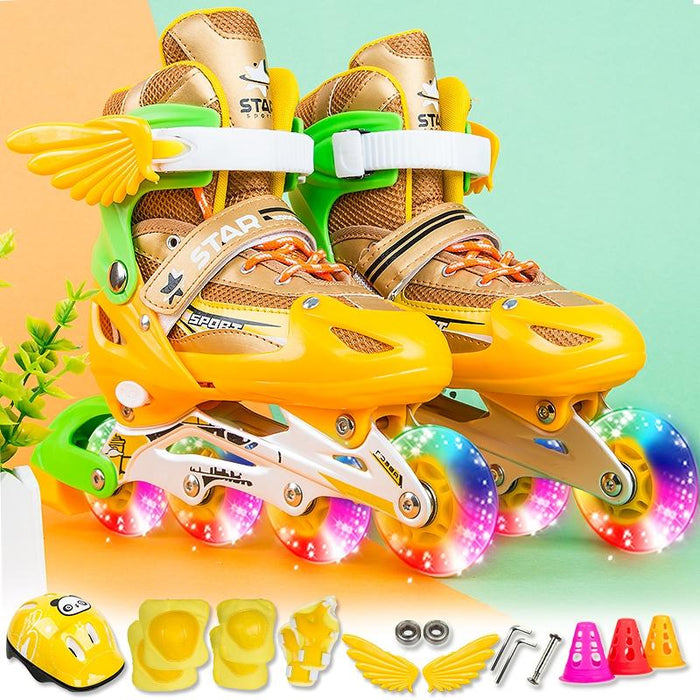 Adjustable Children Full Flash Single Four-Wheel Roller Skating Shoes Set - Size S