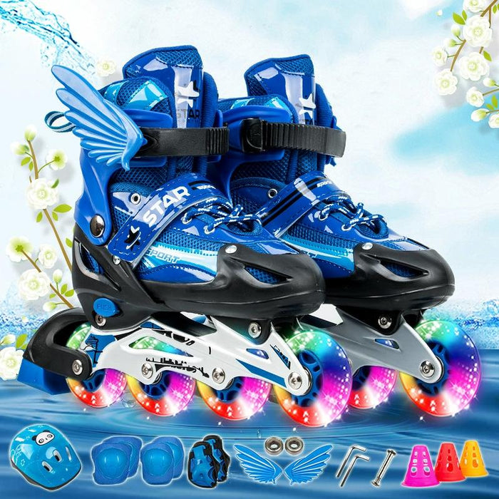 Adjustable Children Full Flash Single Four-Wheel Roller Skating Shoes Set - Size S