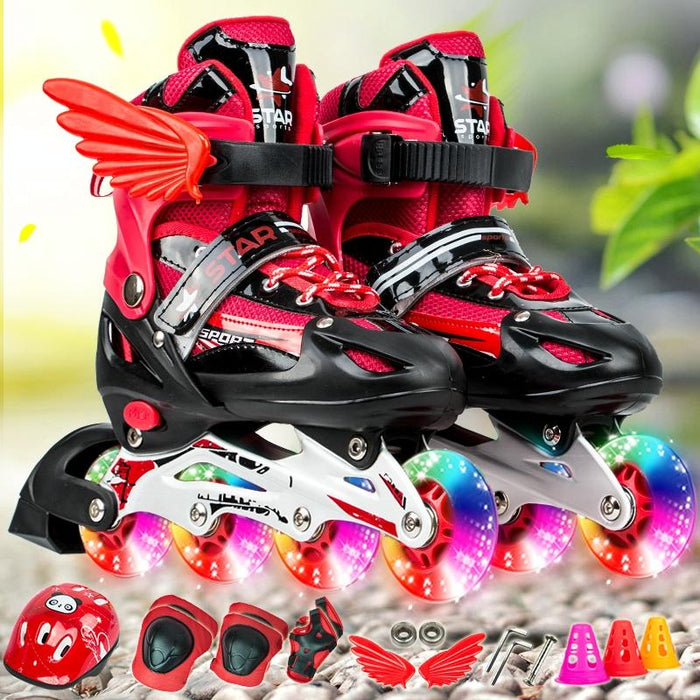 Adjustable Children Full Flash Single Four-Wheel Roller Skating Shoes Set - Size S