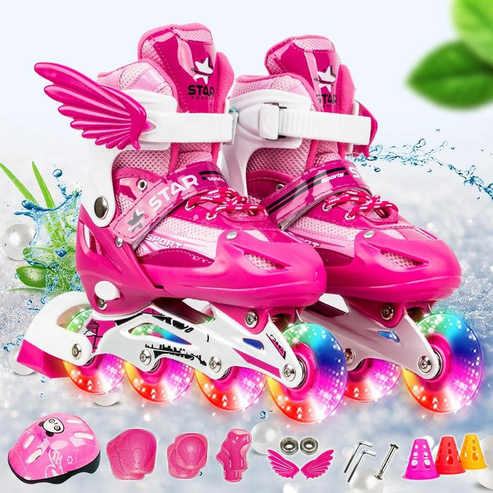 Adjustable Children Full Flash Single Four-Wheel Roller Skating Shoes Set - Size M