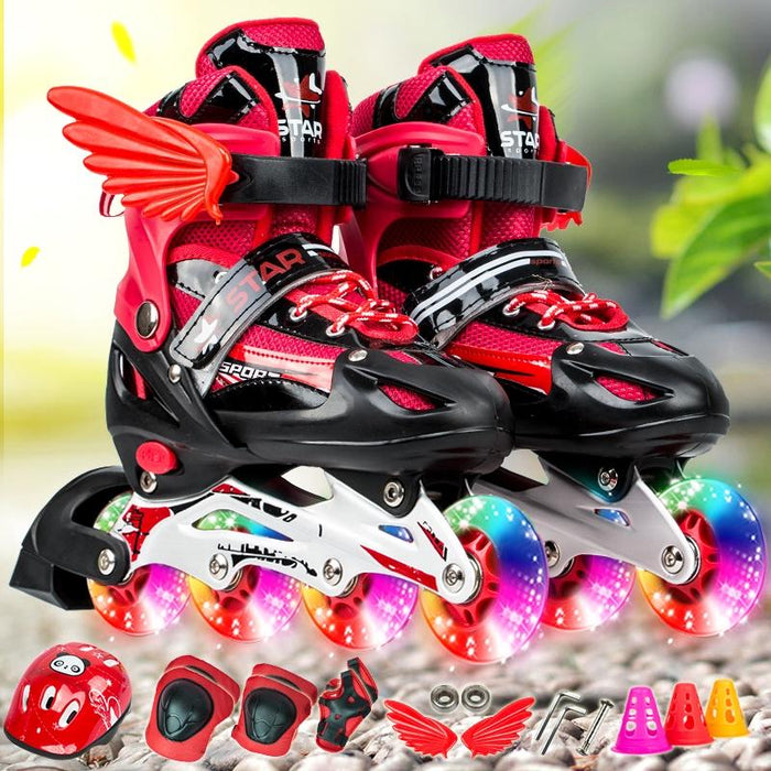 Adjustable Children Full Flash Single Four-Wheel Roller Skating Shoes Set - Size M