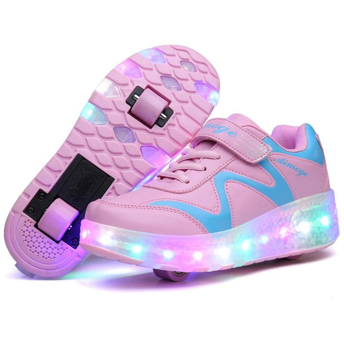 Led Light Ultra Light Rechargeable Double Wheel Roller Skating Sport Shoes Pink - Size 27