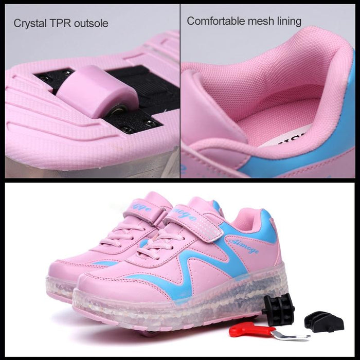 Led Light Ultra Light Rechargeable Double Wheel Roller Skating Sport Shoes Pink - Size 27