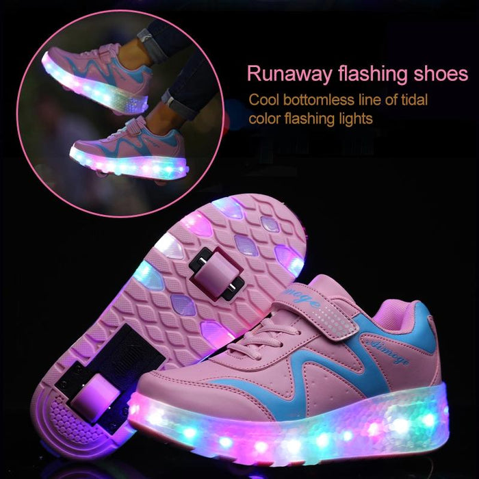 Led Light Ultra Light Rechargeable Double Wheel Roller Skating Sport Shoes Pink - Size 27