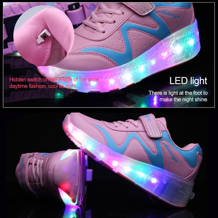 Led Light Ultra Light Rechargeable Double Wheel Roller Skating Sport Shoes Pink - Size 27