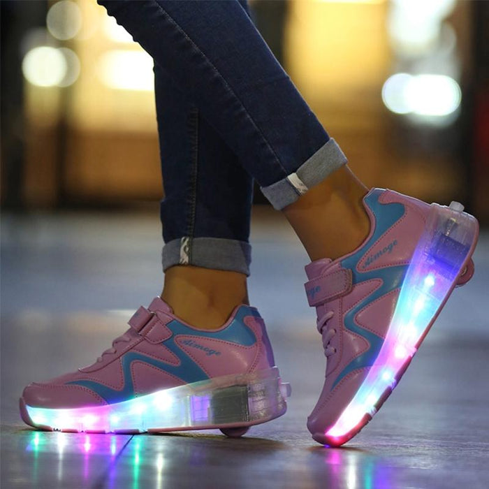 Led Light Ultra Light Rechargeable Double Wheel Roller Skating Sport Shoes Pink - Size 27