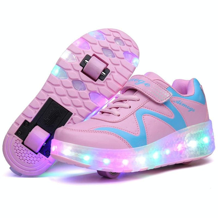 Led Light Ultra Light Rechargeable Double Wheel Roller Skating Sport Shoes Pink - Size 29