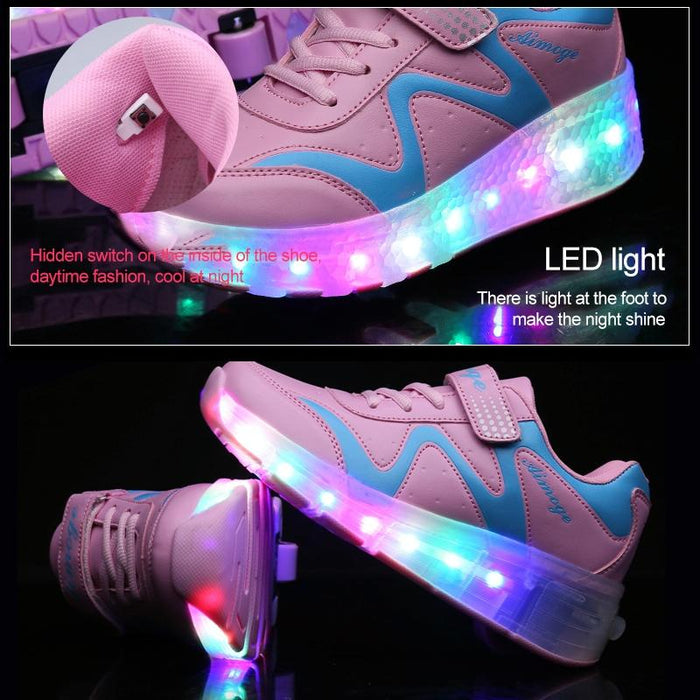 Led Light Ultra Light Rechargeable Double Wheel Roller Skating Sport Shoes Pink - Size 30