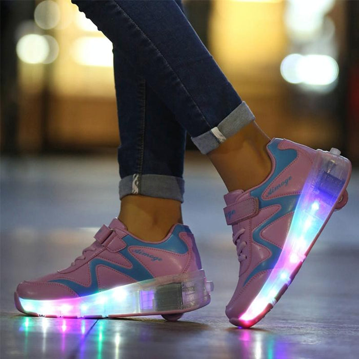 Led Light Ultra Light Rechargeable Double Wheel Roller Skating Sport Shoes Pink - Size 30