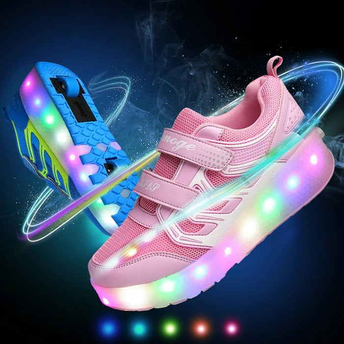 Led Light Ultra Light Mesh Surface Rechargeable Double Wheel Roller Skating Sport Shoes - Size 28