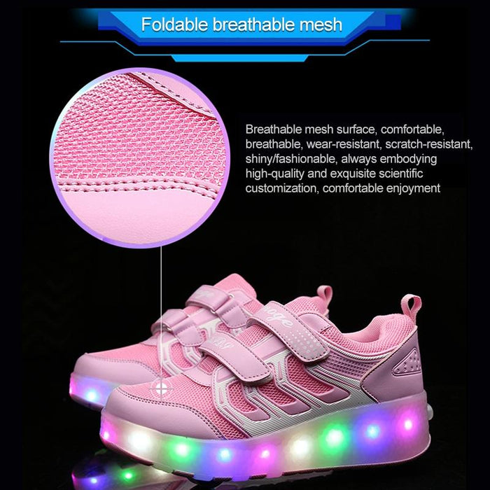 Led Light Ultra Light Mesh Surface Rechargeable Double Wheel Roller Skating Sport Shoes - Size 28