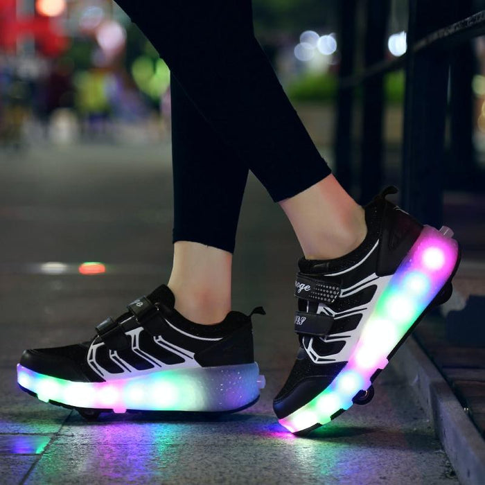 Led Light Ultra Light Mesh Surface Rechargeable Double Wheel Roller Skating Sport Shoes - Size 28