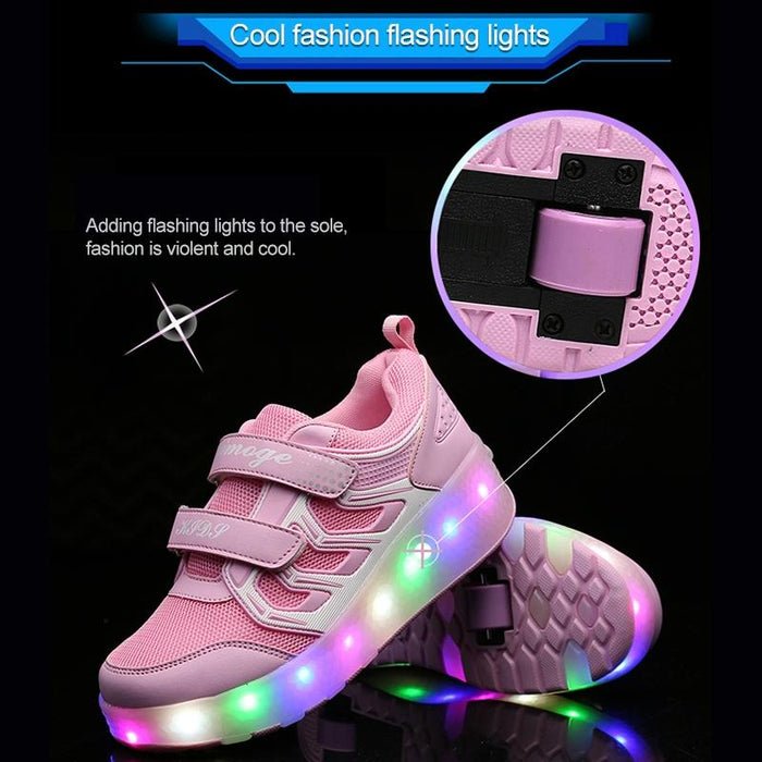 Led Light Ultra Light Mesh Surface Rechargeable Double Wheel Roller Skating Sport Shoes - Size 28