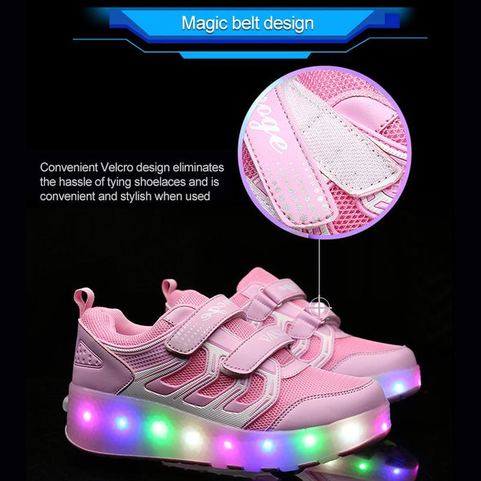 Led Light Ultra Light Mesh Surface Rechargeable Double Wheel Roller Skating Sport Shoes - Size 28