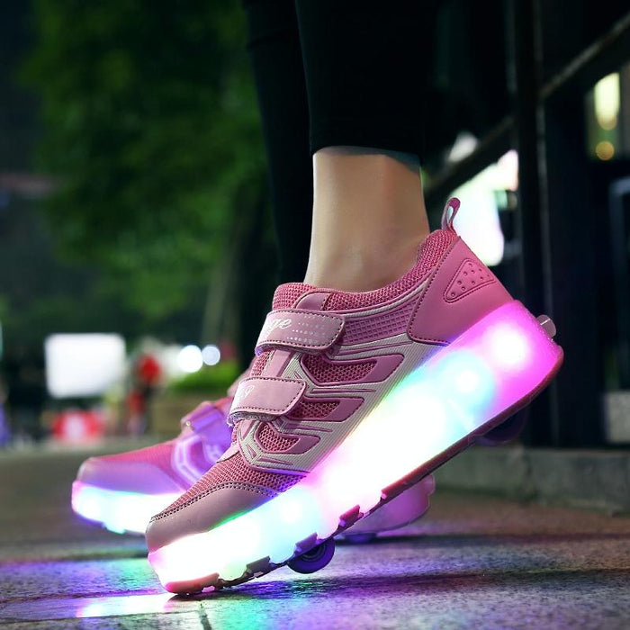 Led Light Ultra Light Mesh Surface Rechargeable Double Wheel Roller Skating Sport Shoes - Size 28