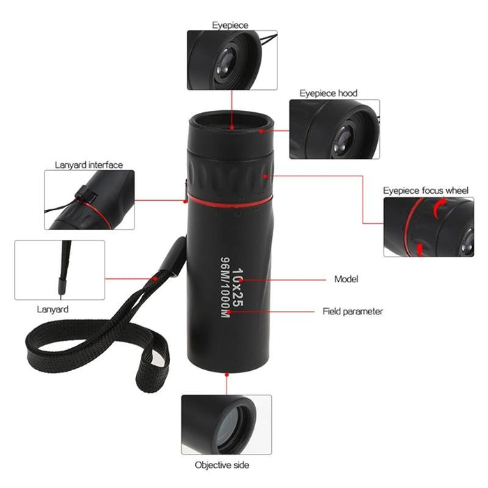 10X25 Portable Professional High Times High Definition Dual Focus Zoom Monocular Pocket Telescope - 9.2X3Cm