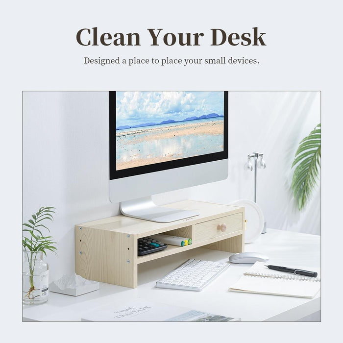 2-layer Wood Grain Computer Monitor Holder With Drawer