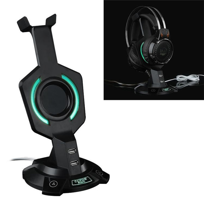 R-008-02 Luminous Integrated Mecha-Shaped Headset Holder With Dual Usb Ports & Computer Switch