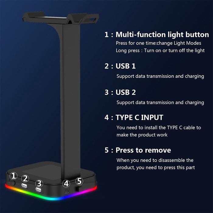 Rgbd9 Colourful Glowing Gaming Headset Display Stand With Charging & Data Transmission Dual Usb Interface Black