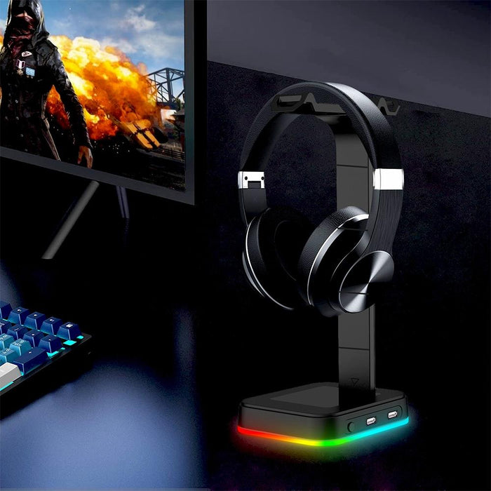 Rgbd9 Colourful Glowing Gaming Headset Display Stand With Charging & Data Transmission Dual Usb Interface Black