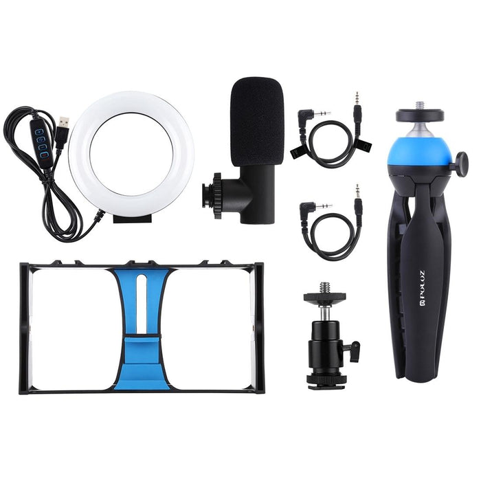 4 In 1 Vlogging Live Broadcast Smartphone Video Rig & 4.7 Inch 12Cm Ring Led Selfie Light Kits With Microphone & Tripod Mount & Cold Shoe Tripod Head Blue